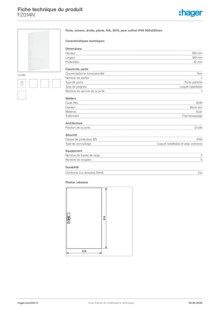 Image Hager Fiche technique du produit FZ014N | Hager Afrique