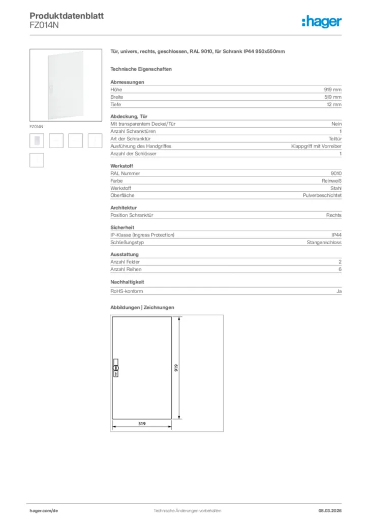 Bild Hager Produktdatenblatt FZ014N | Hager Deutschland
