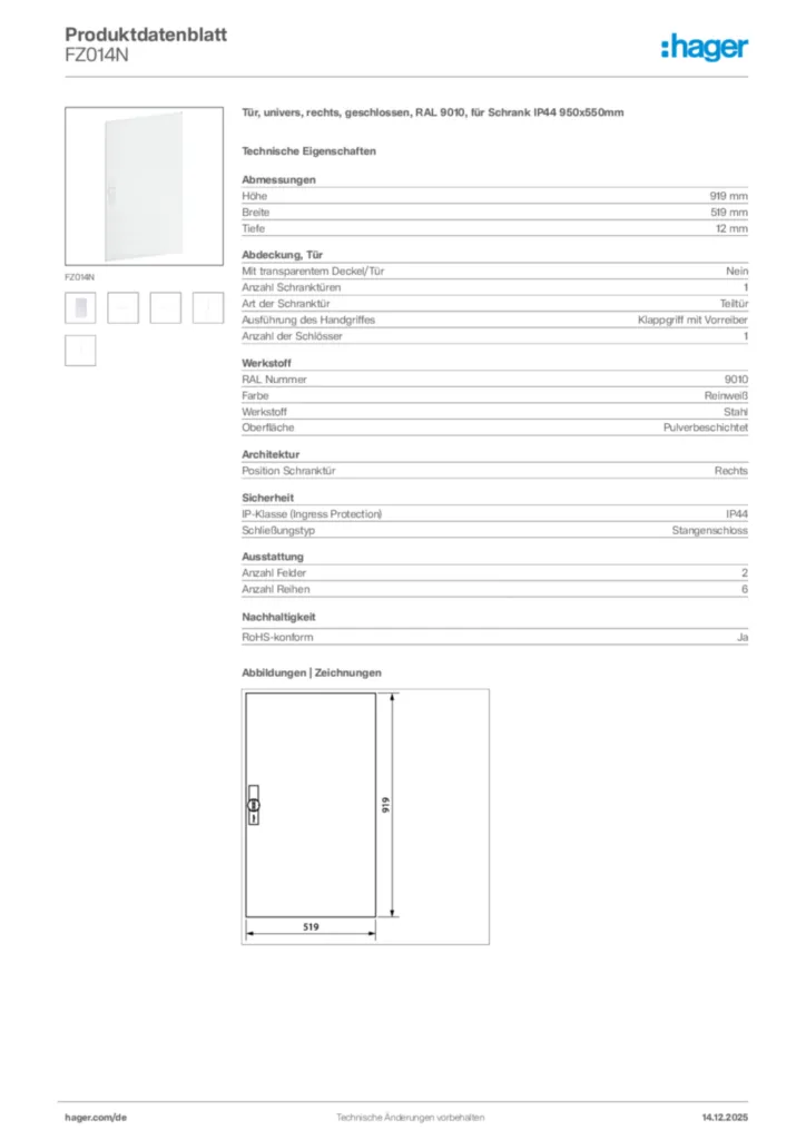 Bild Hager Produktdatenblatt FZ014N | Hager Deutschland