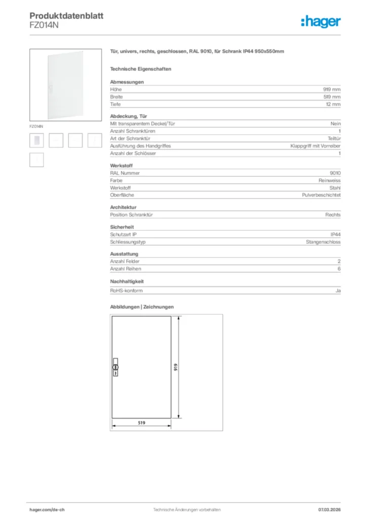 Bild Hager Produktdatenblatt FZ014N | Hager Schweiz