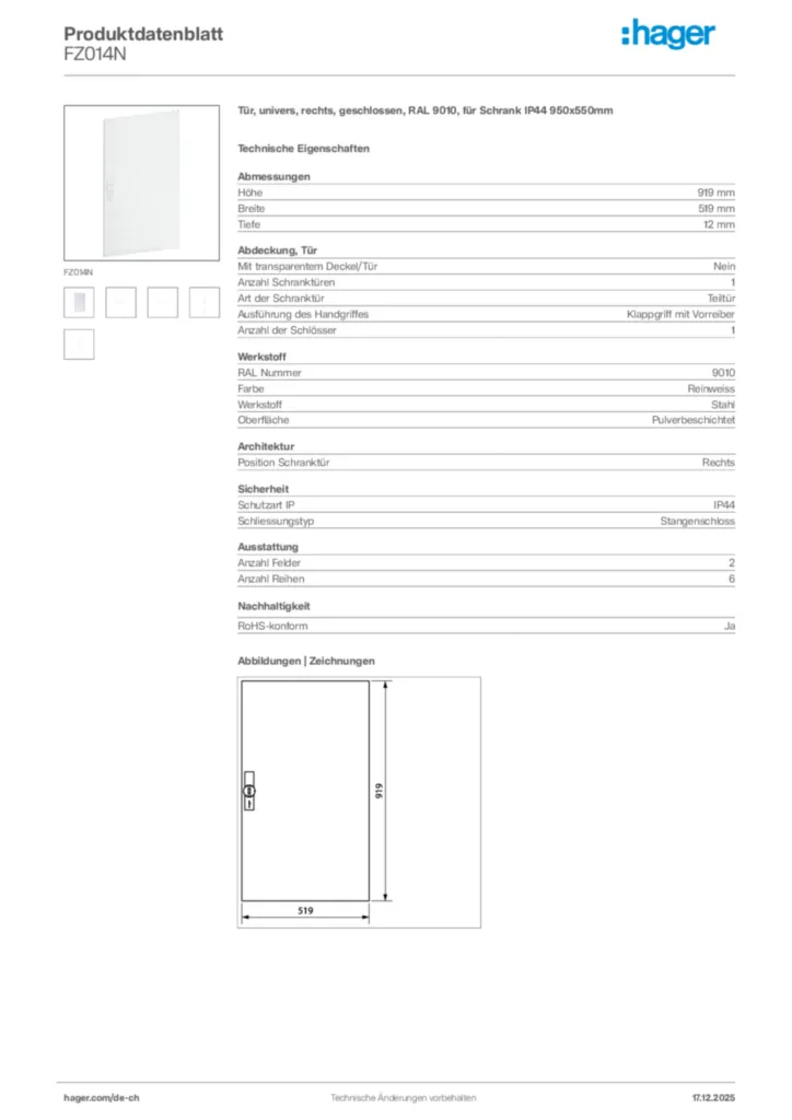 Bild Hager Produktdatenblatt FZ014N | Hager Schweiz