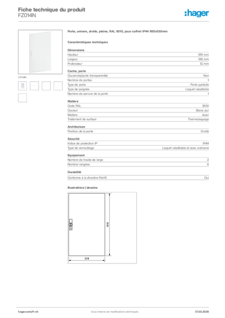 Image Hager Fiche technique du produit FZ014N | Hager Suisse