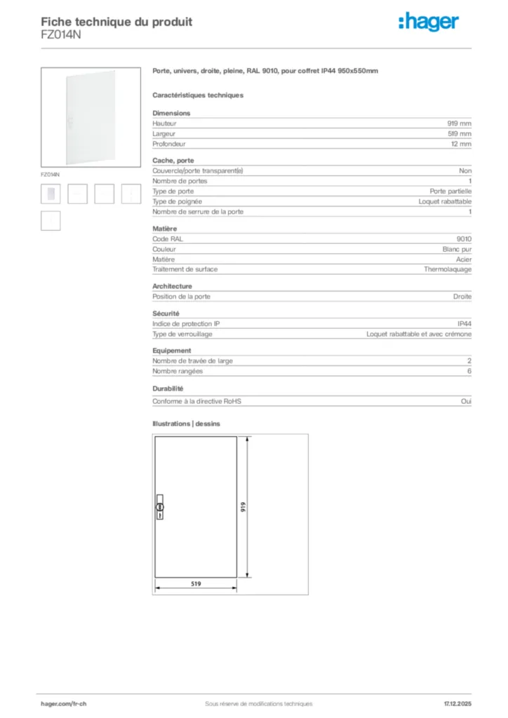 Image Hager Fiche technique du produit FZ014N | Hager Suisse