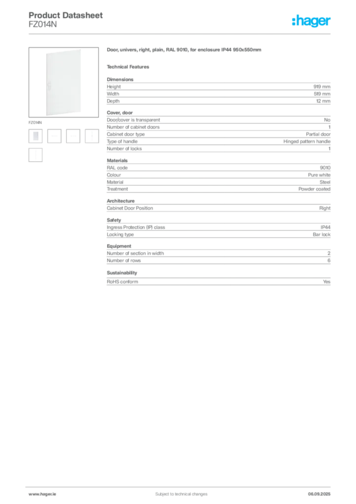 Image Hager Product data sheet FZ014N  | Hager