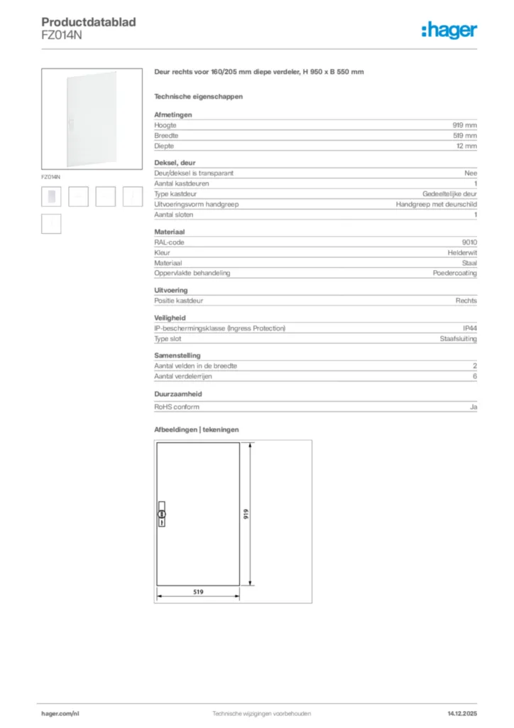 Afbeelding Hager Productdatablad FZ014N | Hager Nederland