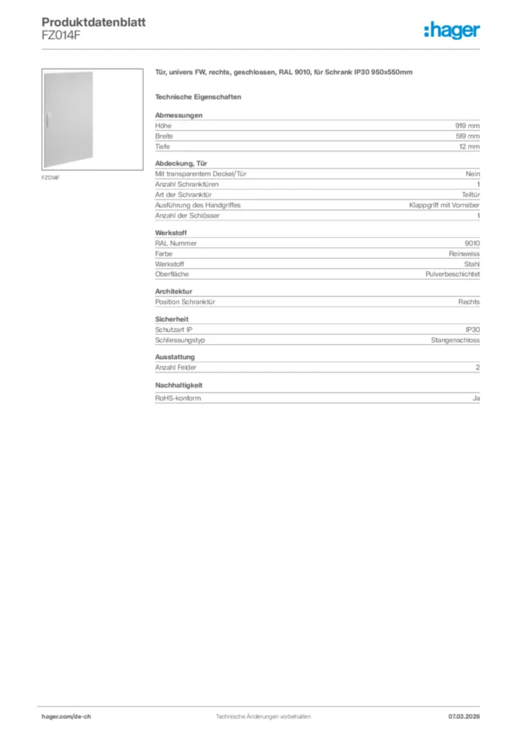Bild Hager Produktdatenblatt FZ014F | Hager Schweiz