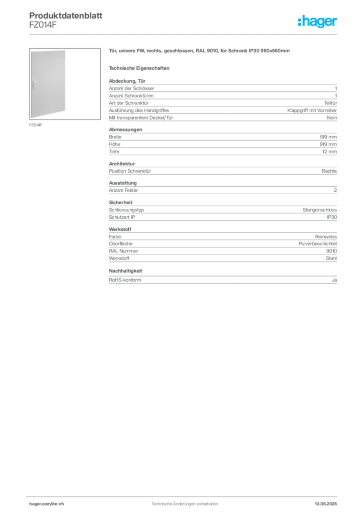 Bild Hager Produktdatenblatt FZ014F | Hager Schweiz