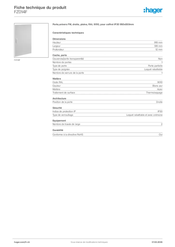 Image Hager Fiche technique du produit FZ014F | Hager Suisse