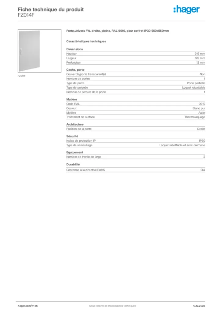 Image Hager Fiche technique du produit FZ014F | Hager Suisse