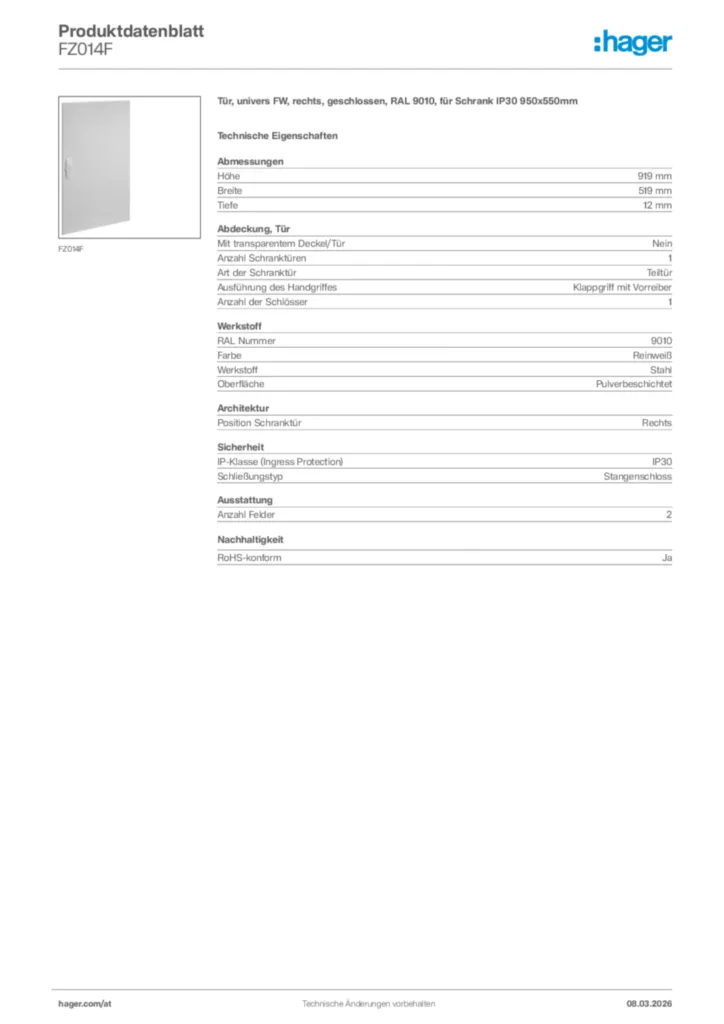 Bild Hager Produktdatenblatt FZ014F | Hager Deutschland