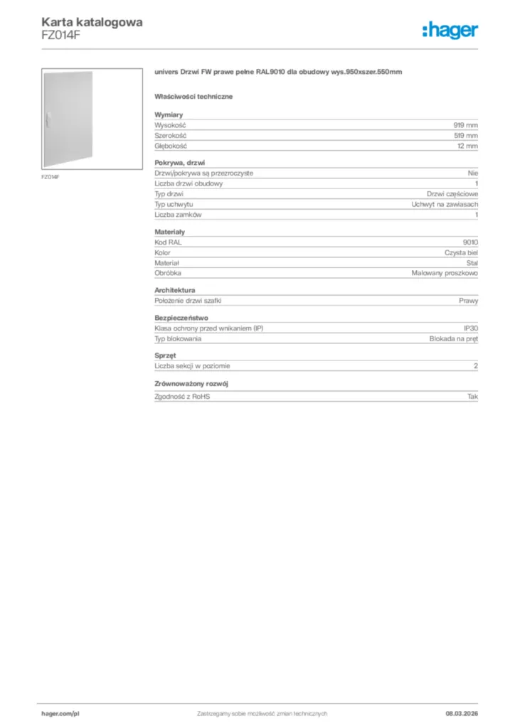 Zdjęcie Hager Karta katalogowa FZ014F | Hager Polska