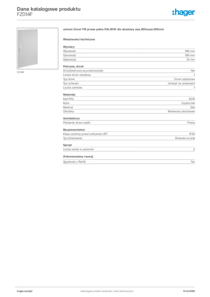 Zdjęcie Hager Karta katalogowa FZ014F | Hager Polska