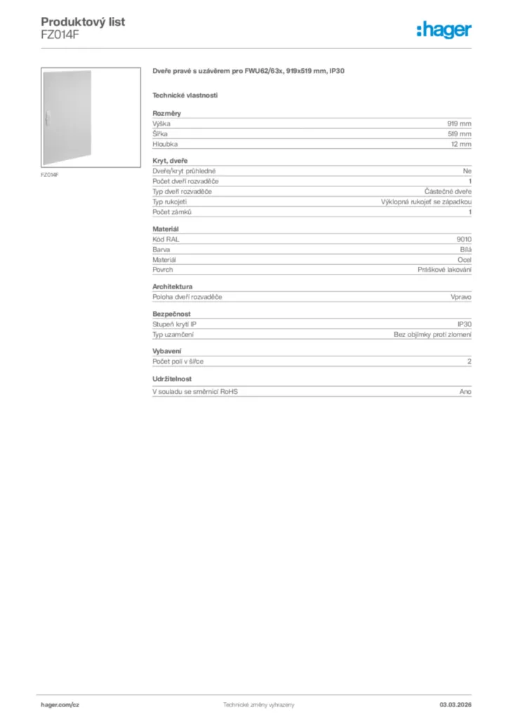 Obrázek Hager Product data sheet FZ014F | Hager