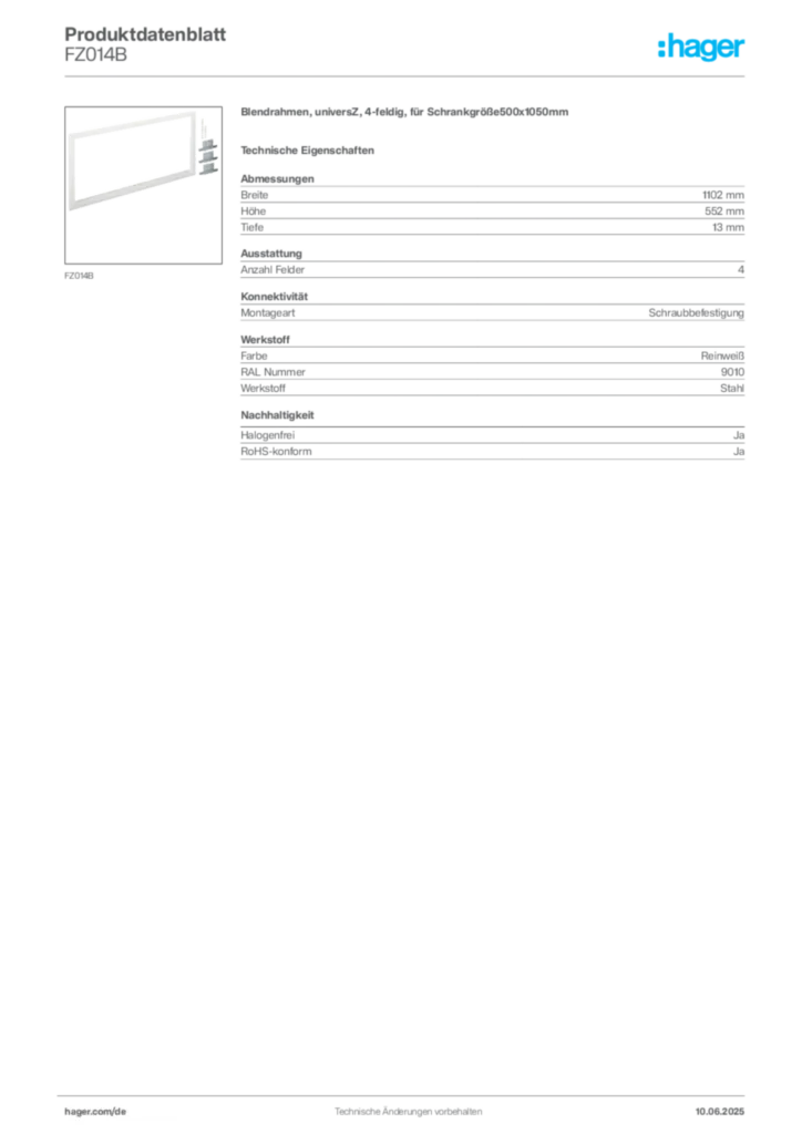 Hager Produktdatenblatt FZ014B