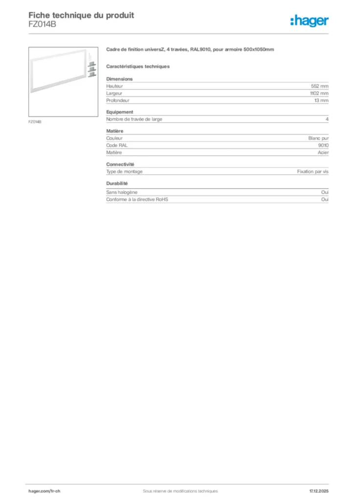 Image Hager Fiche technique du produit FZ014B | Hager Suisse