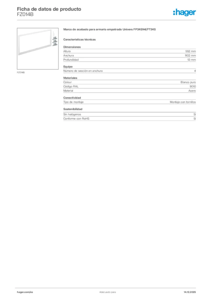 Imagen Hager Ficha de datos de producto FZ014B | Hager España