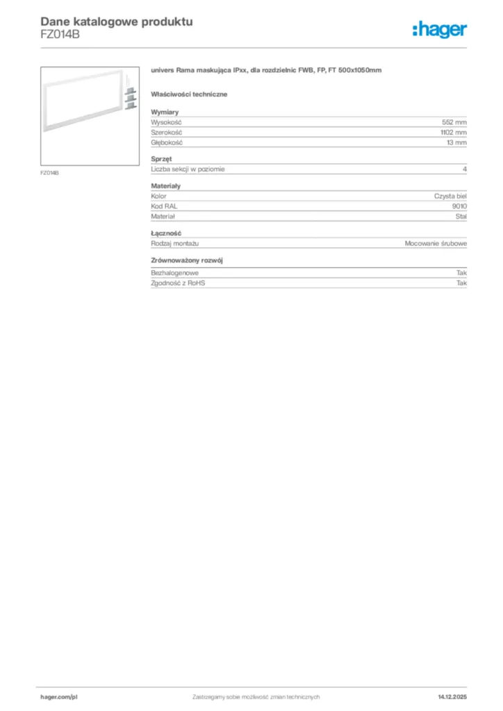 Zdjęcie Hager Karta katalogowa FZ014B | Hager Polska