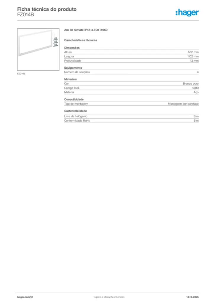 Imagem Hager Ficha técnica do produto FZ014B | Hager Portugal
