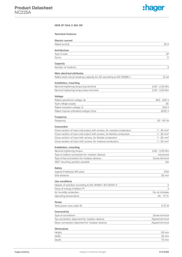 Image Hager Product data sheet NC225A  | Hager