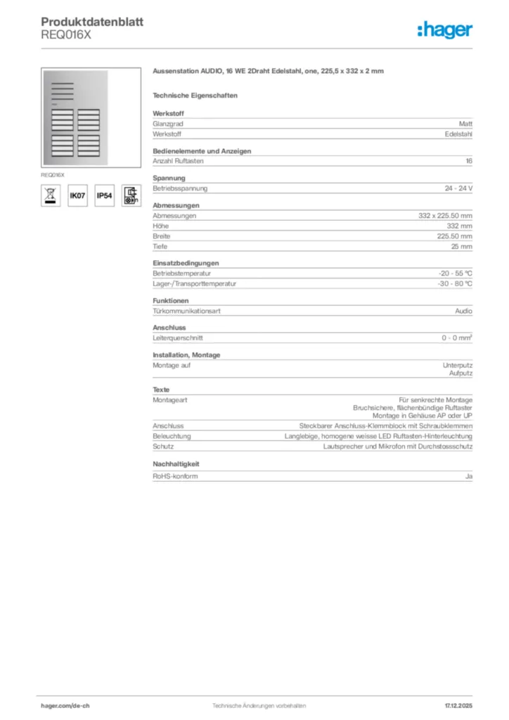 Bild Hager Produktdatenblatt REQ016X | Hager Schweiz