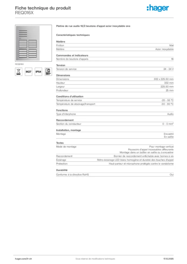 Image Hager Fiche technique du produit REQ016X | Hager Suisse