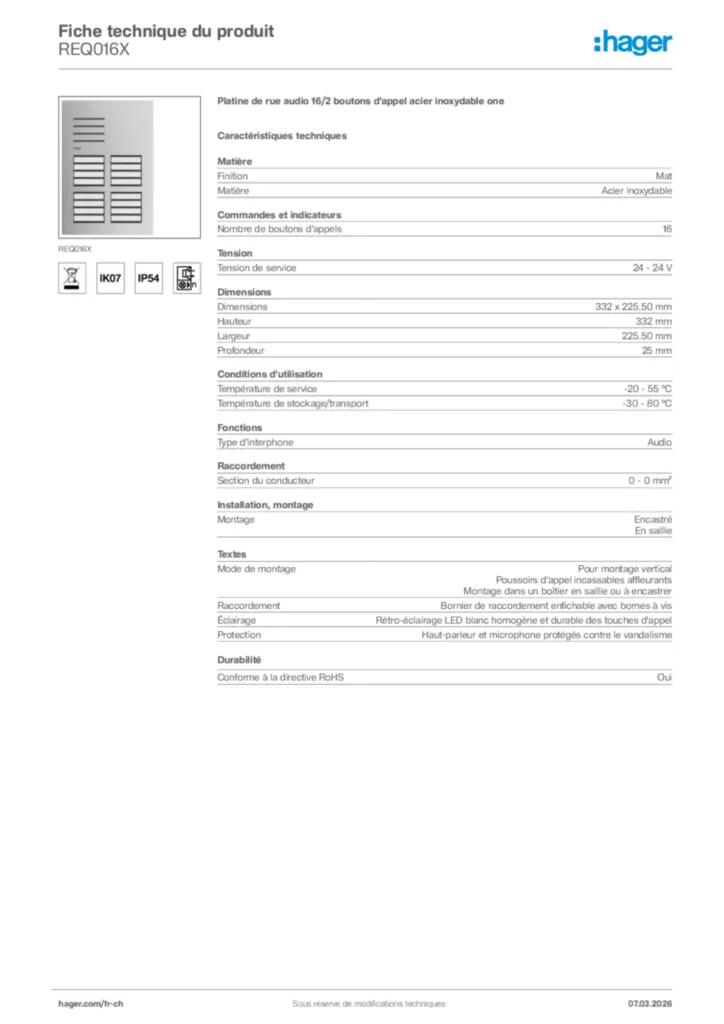 Image Hager Fiche technique du produit REQ016X | Hager Suisse