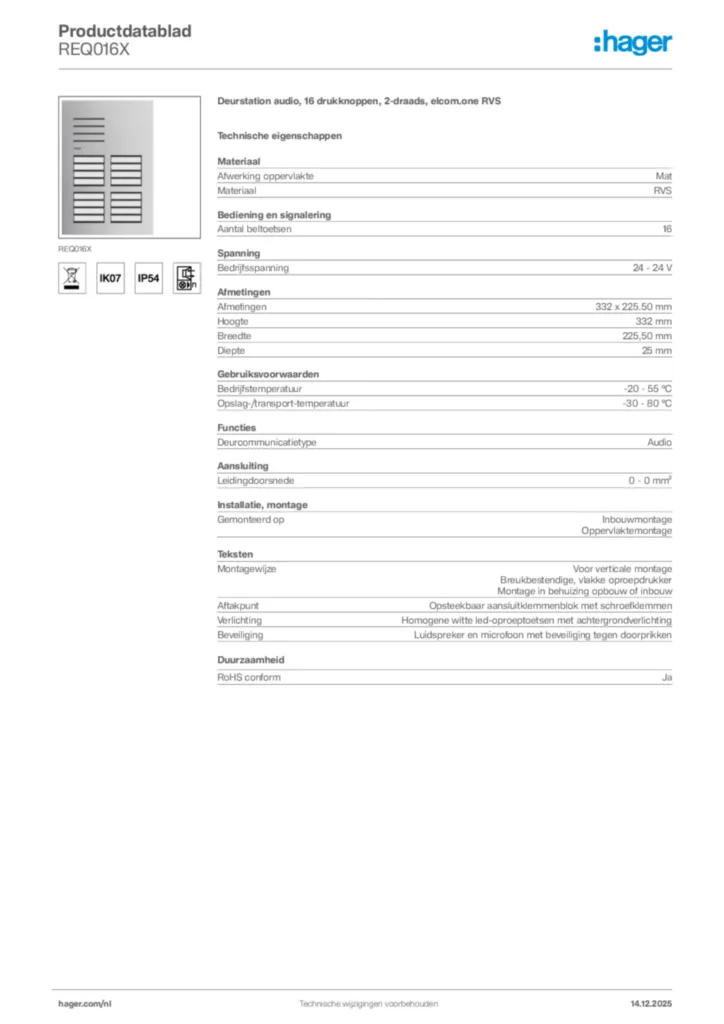 Afbeelding Hager Productdatablad REQ016X | Hager Nederland