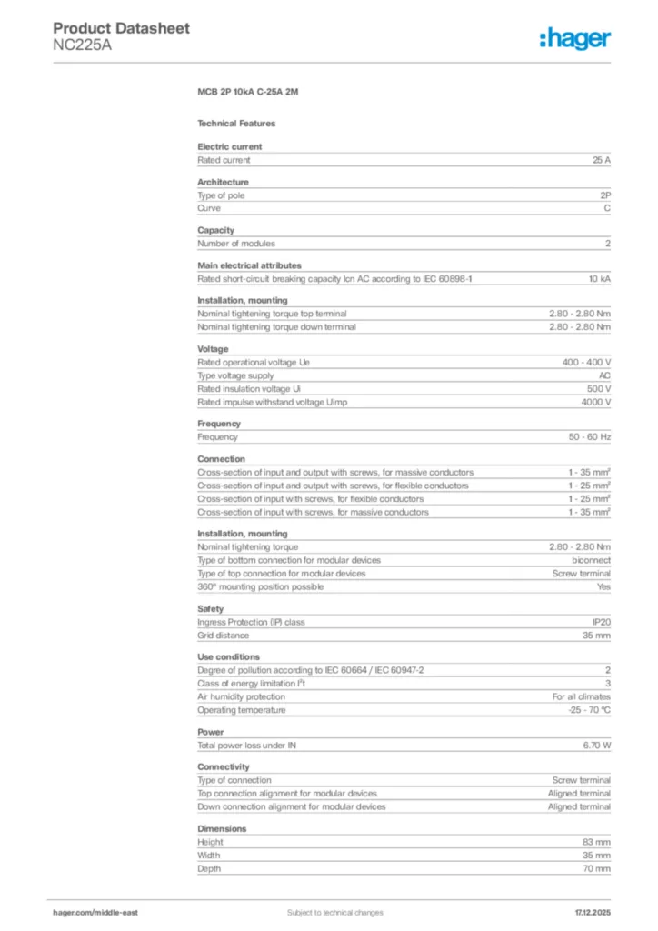 Image Hager Product data sheet NC225A  | Hager