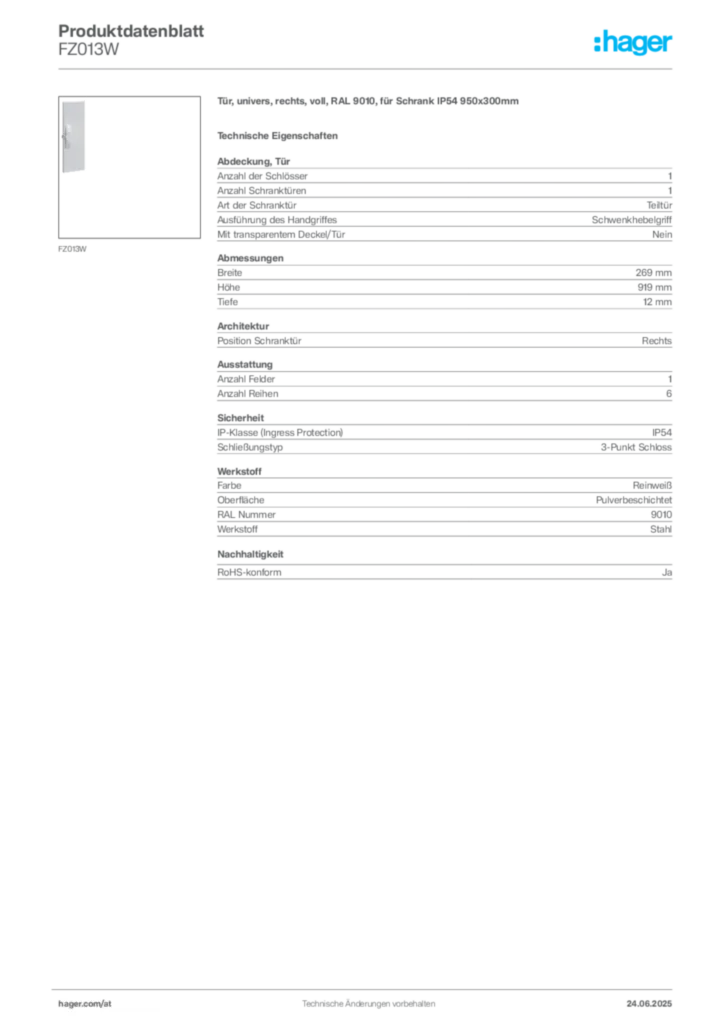 Bild Hager Produktdatenblatt FZ013W | Hager Deutschland