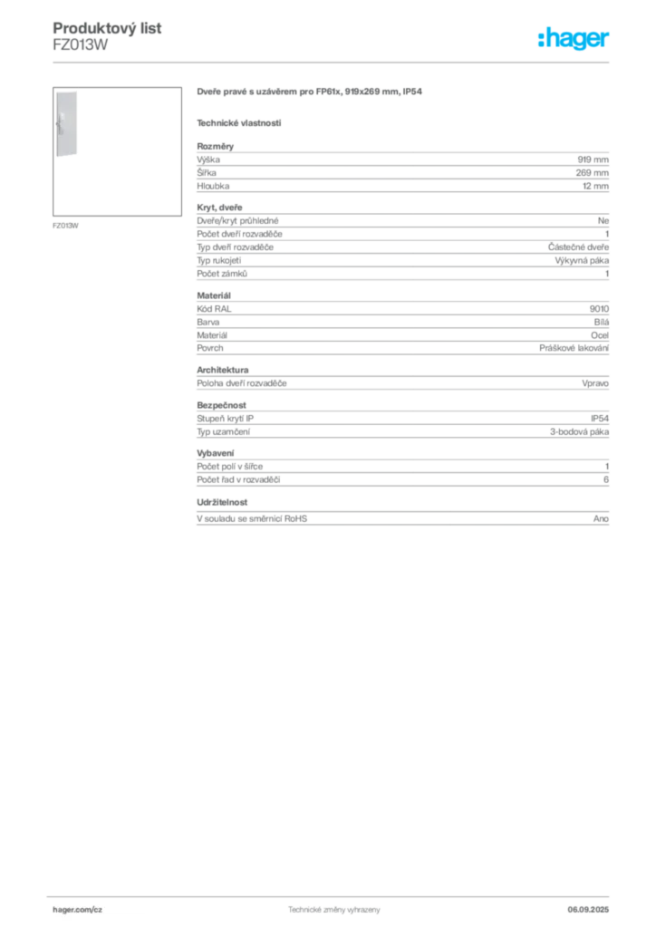 Obrázek Hager Produktový list FZ013W | Hager