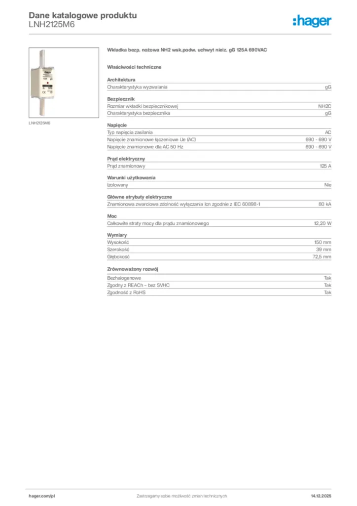 Zdjęcie Hager Karta katalogowa LNH2125M6 | Hager Polska