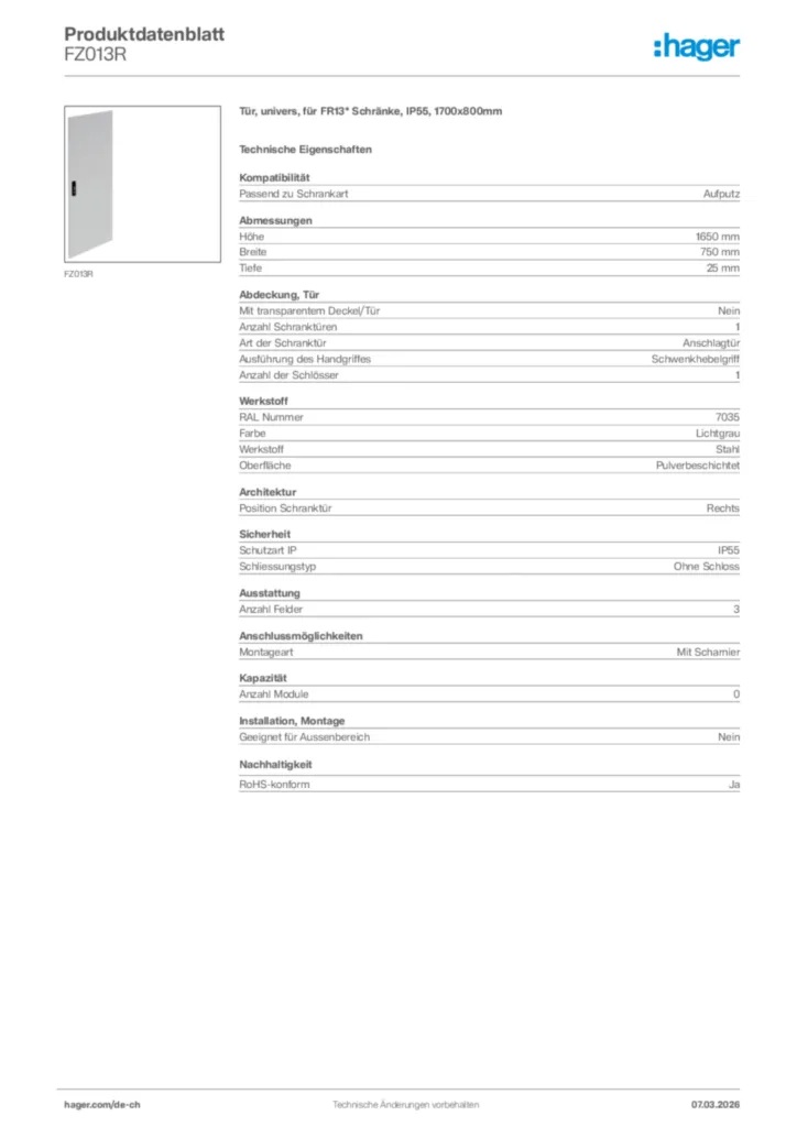 Bild Hager Produktdatenblatt FZ013R | Hager Schweiz
