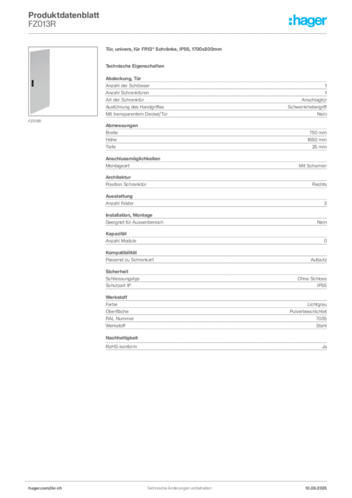 Bild Hager Produktdatenblatt FZ013R | Hager Schweiz