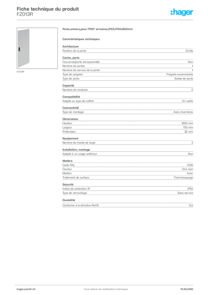 Image Hager Fiche technique du produit FZ013R | Hager Suisse