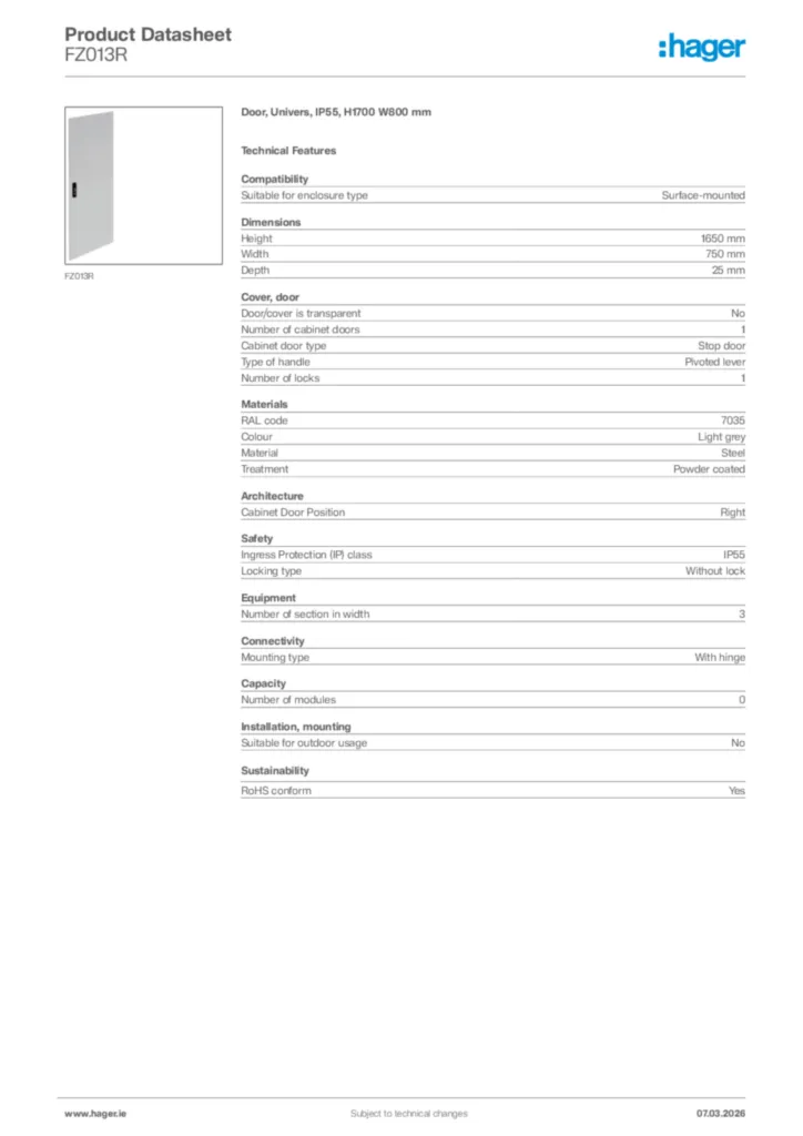 Image Hager Product data sheet FZ013R  | Hager