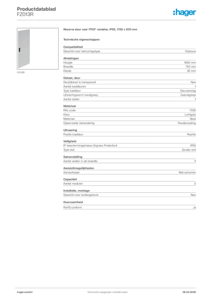 Afbeelding Hager Productdatablad FZ013R | Hager Nederland