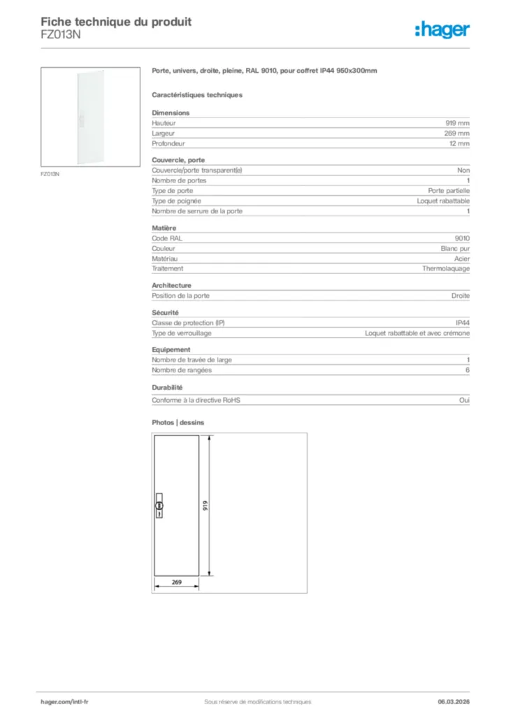 Image Hager Fiche technique du produit FZ013N | Hager Afrique