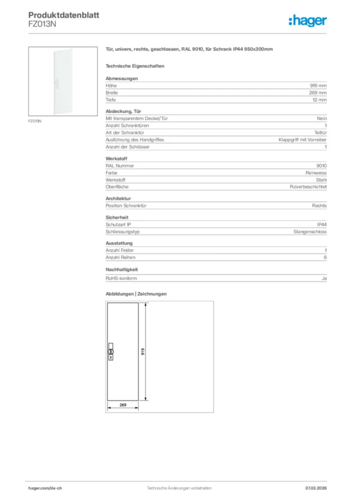 Bild Hager Produktdatenblatt FZ013N | Hager Schweiz