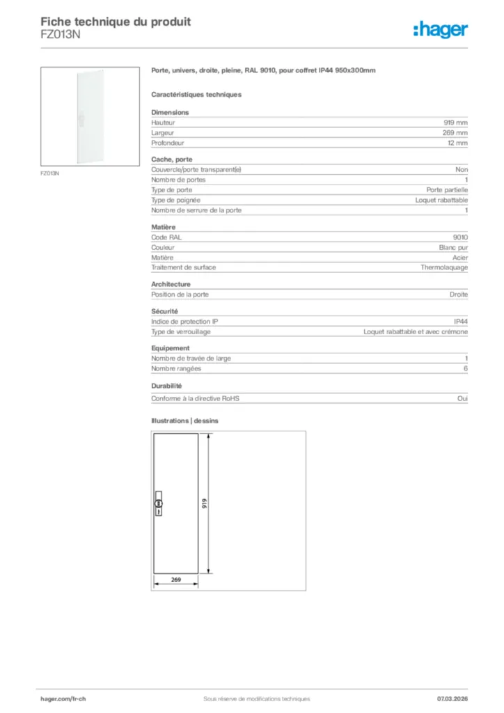 Image Hager Fiche technique du produit FZ013N | Hager Suisse