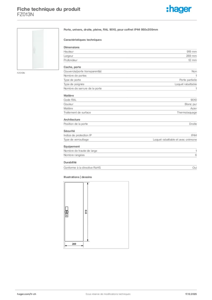 Image Hager Fiche technique du produit FZ013N | Hager Suisse