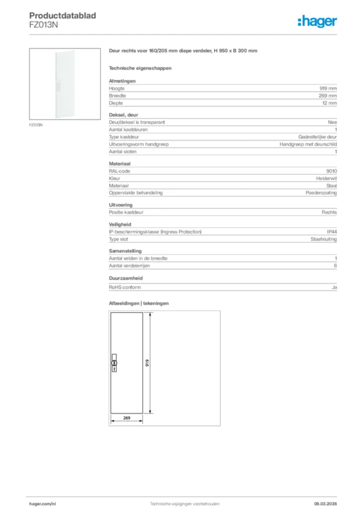 Afbeelding Hager Productdatablad FZ013N | Hager Nederland