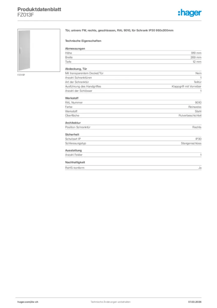 Bild Hager Produktdatenblatt FZ013F | Hager Schweiz