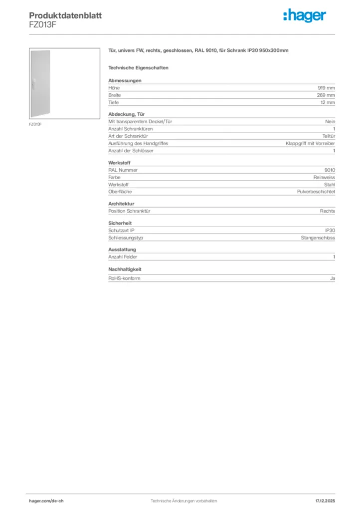 Bild Hager Produktdatenblatt FZ013F | Hager Schweiz