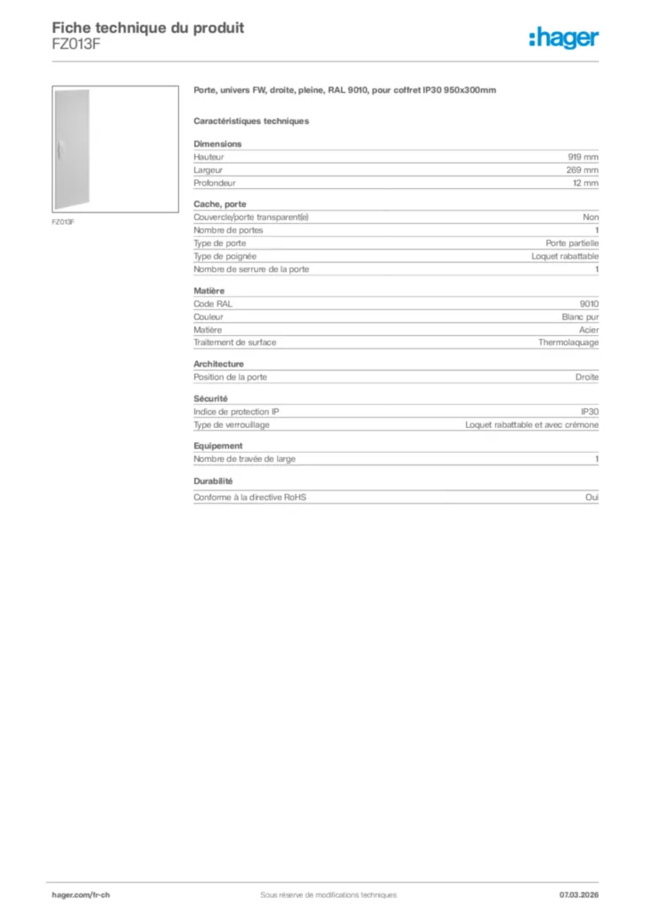 Image Hager Fiche technique du produit FZ013F | Hager Suisse