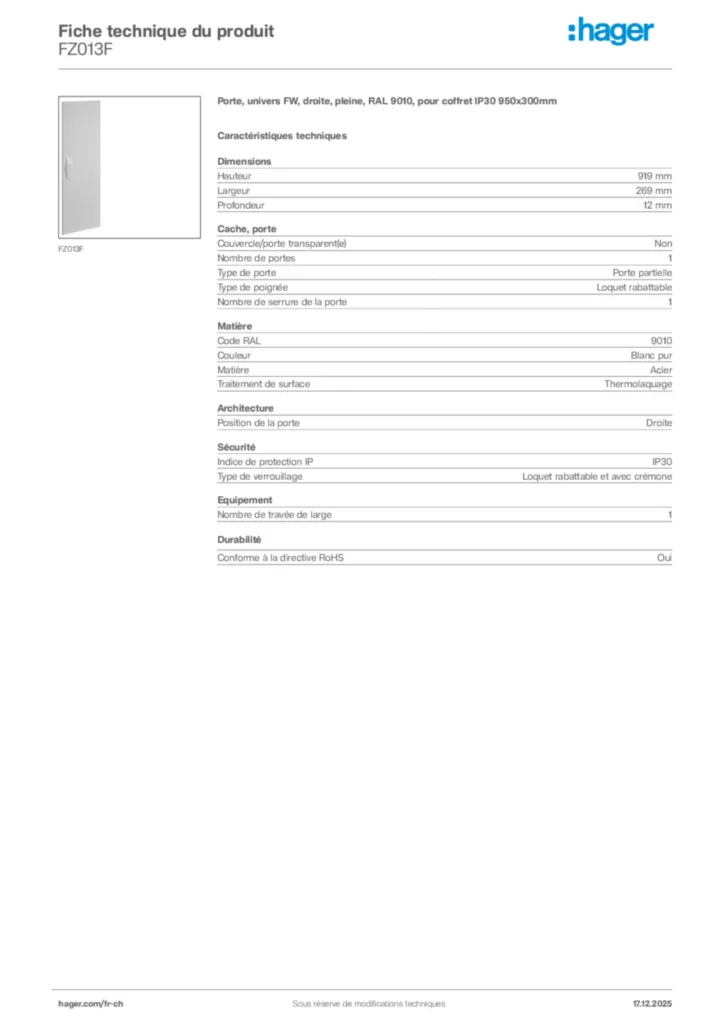 Image Hager Fiche technique du produit FZ013F | Hager Suisse