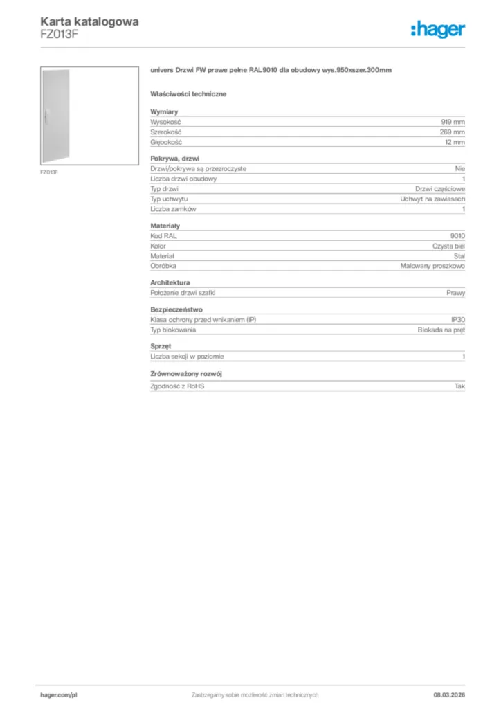 Zdjęcie Hager Karta katalogowa FZ013F | Hager Polska