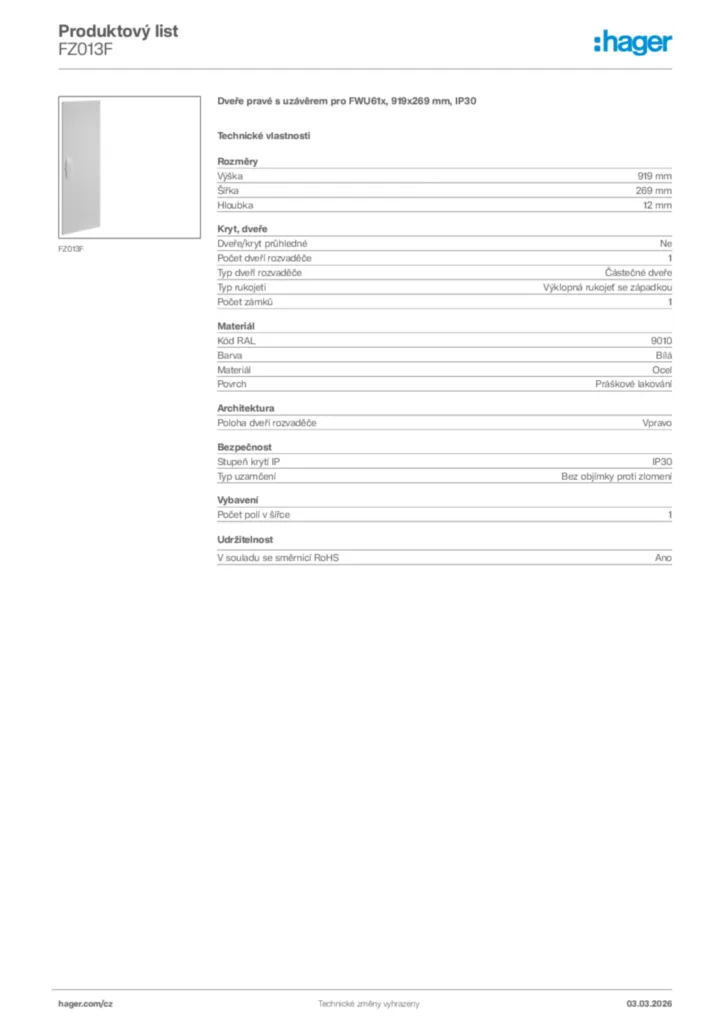 Obrázek Hager Product data sheet FZ013F | Hager