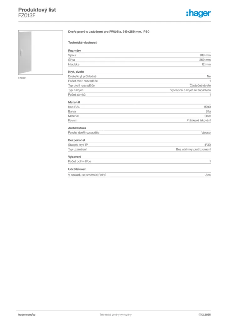 Obrázek Hager Produktový list FZ013F | Hager