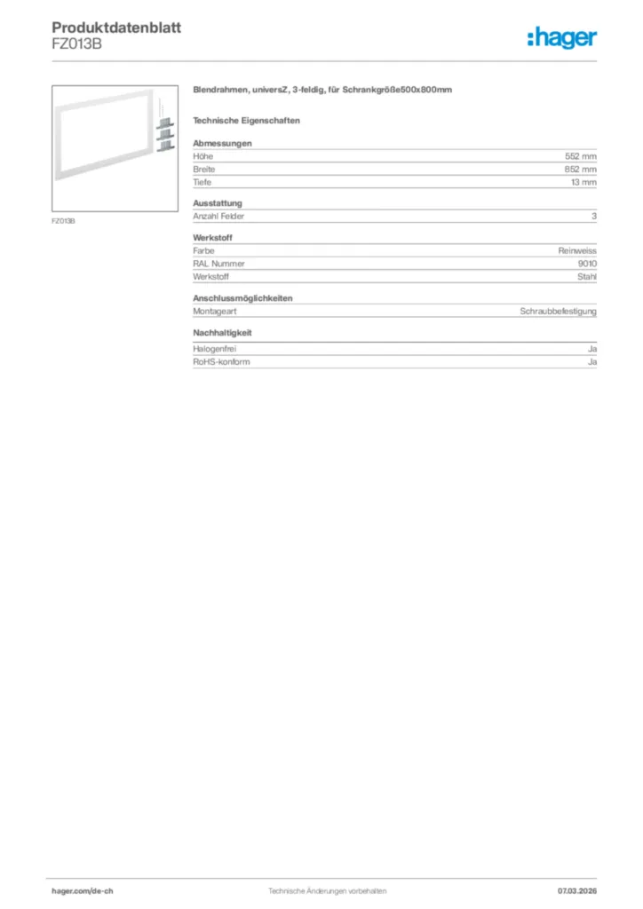 Bild Hager Produktdatenblatt FZ013B | Hager Schweiz