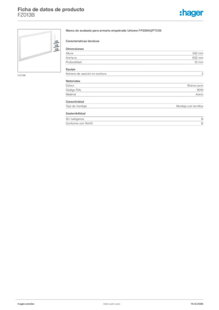 Imagen Hager Ficha de datos de producto FZ013B | Hager España